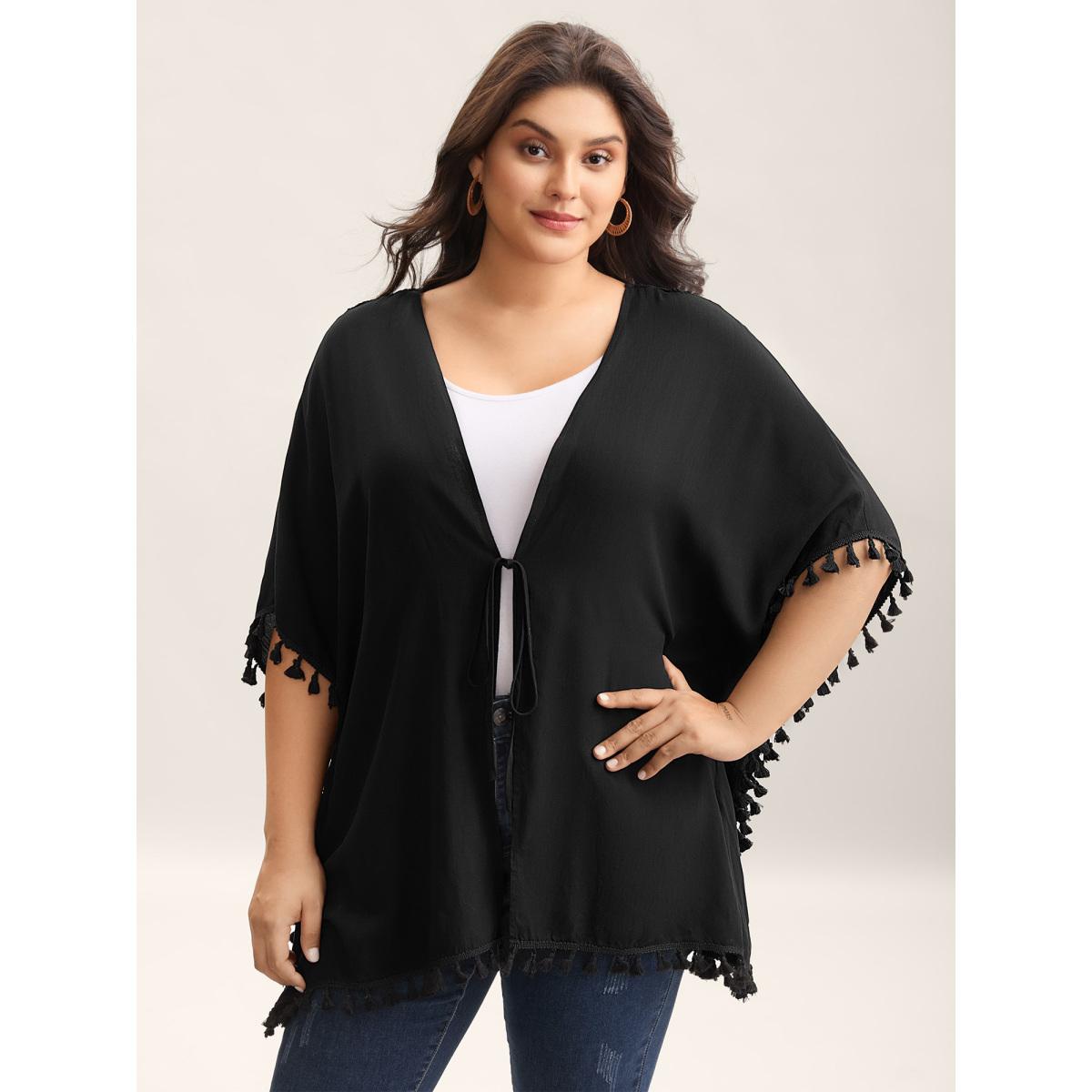 Plus Size Backless Front-Tie Tassels Kimono Women Black Tie knot Loose Vacation Kimonos BloomChic 10/M Product Image