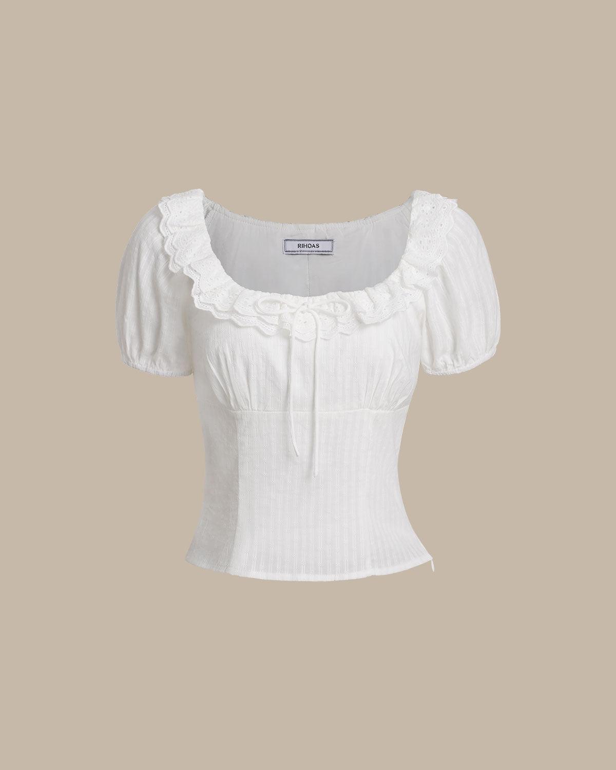 White Textured Scoop Neck Ruffle Blouse Product Image