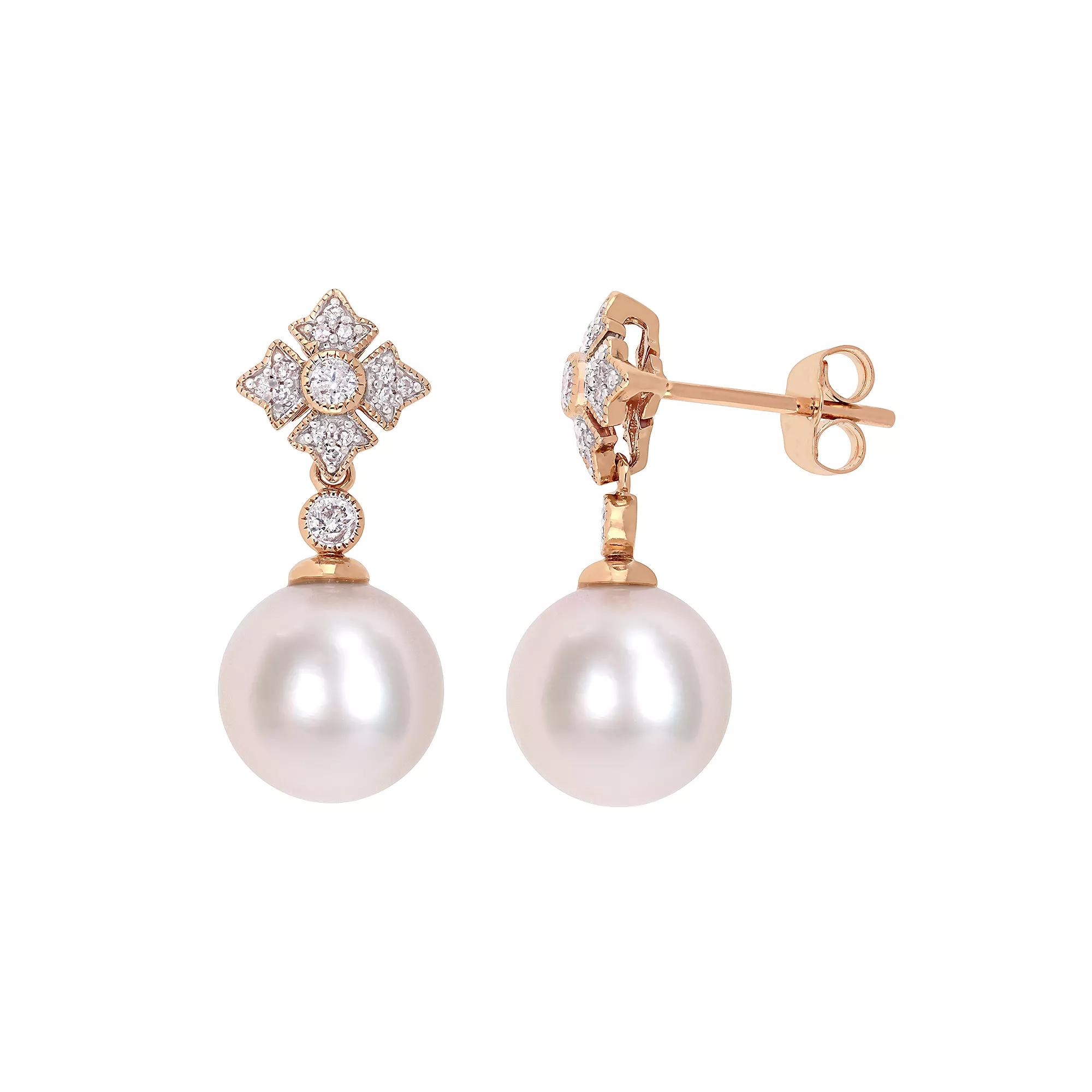 Stella Grace 10k Rose Gold 1/5 Carat T.W. Diamond & Freshwater Cultured Pearl Earrings, Women's, 10k Pink Product Image