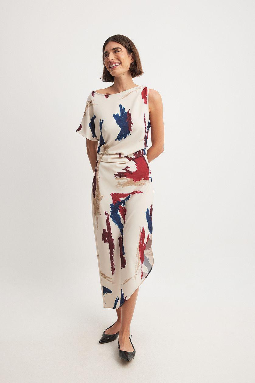 Woven One Sleeve Draped Detail Asymmetric Dress Product Image