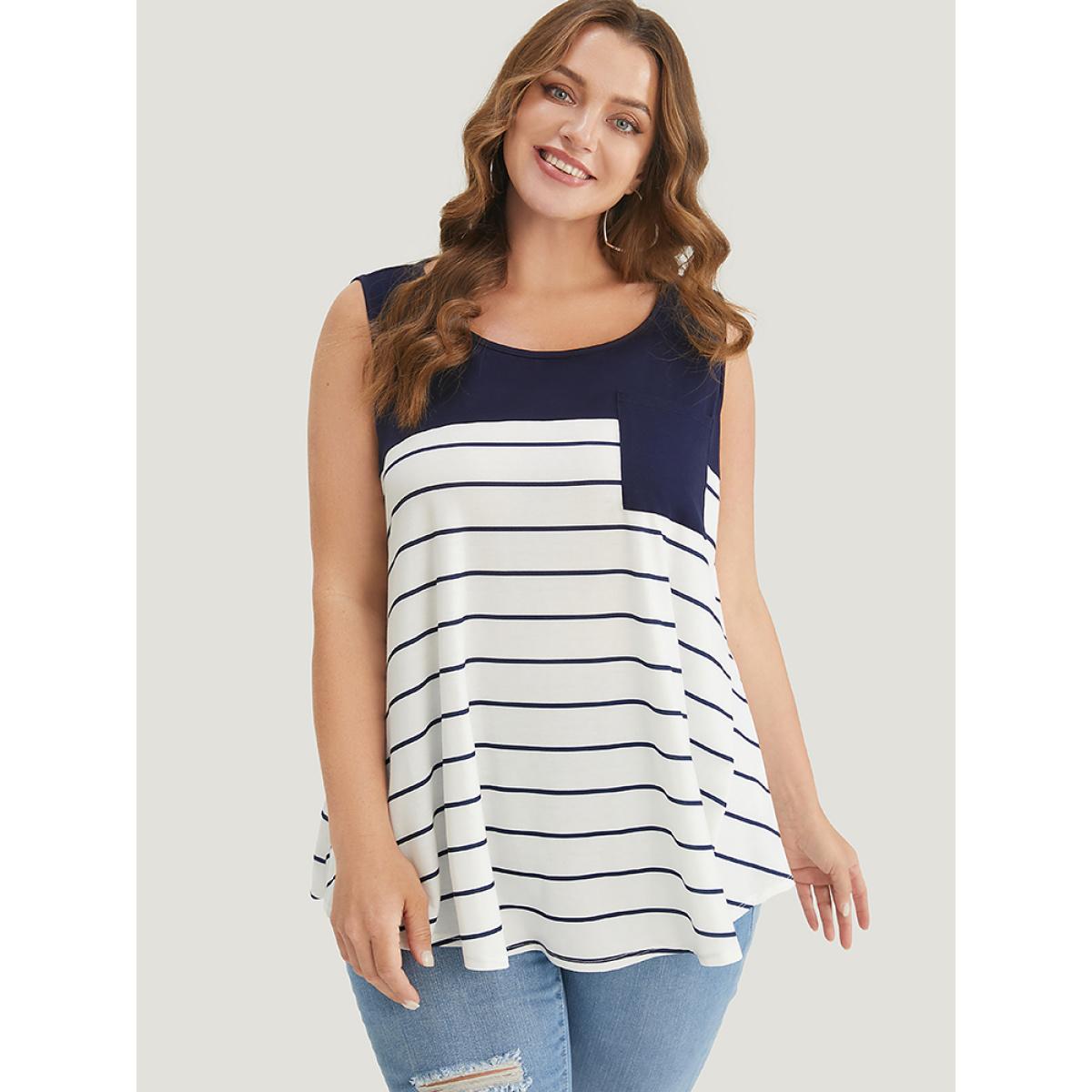 Plus Size Striped Patchwork Pocket Tank Top Women Navy Casual Round Neck Dailywear Tank Tops Camis BloomChic 28/5X Product Image