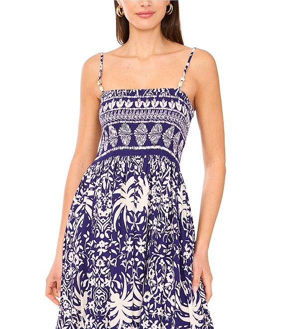 Vince Camuto Woven Printed Square Neck Sleeveless Smocked A-Line Maxi Dress Product Image
