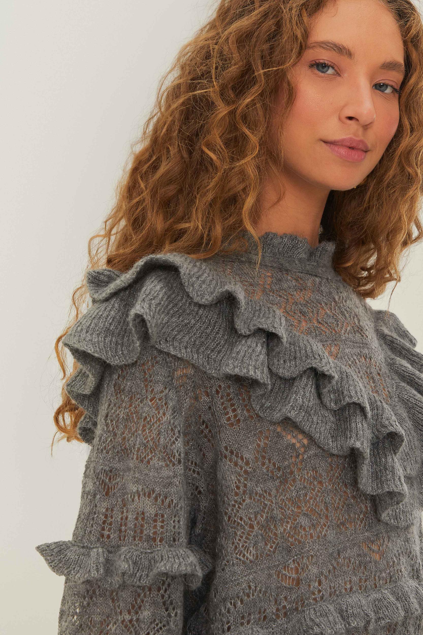 Grey Ruffles Knit Sweater Product Image