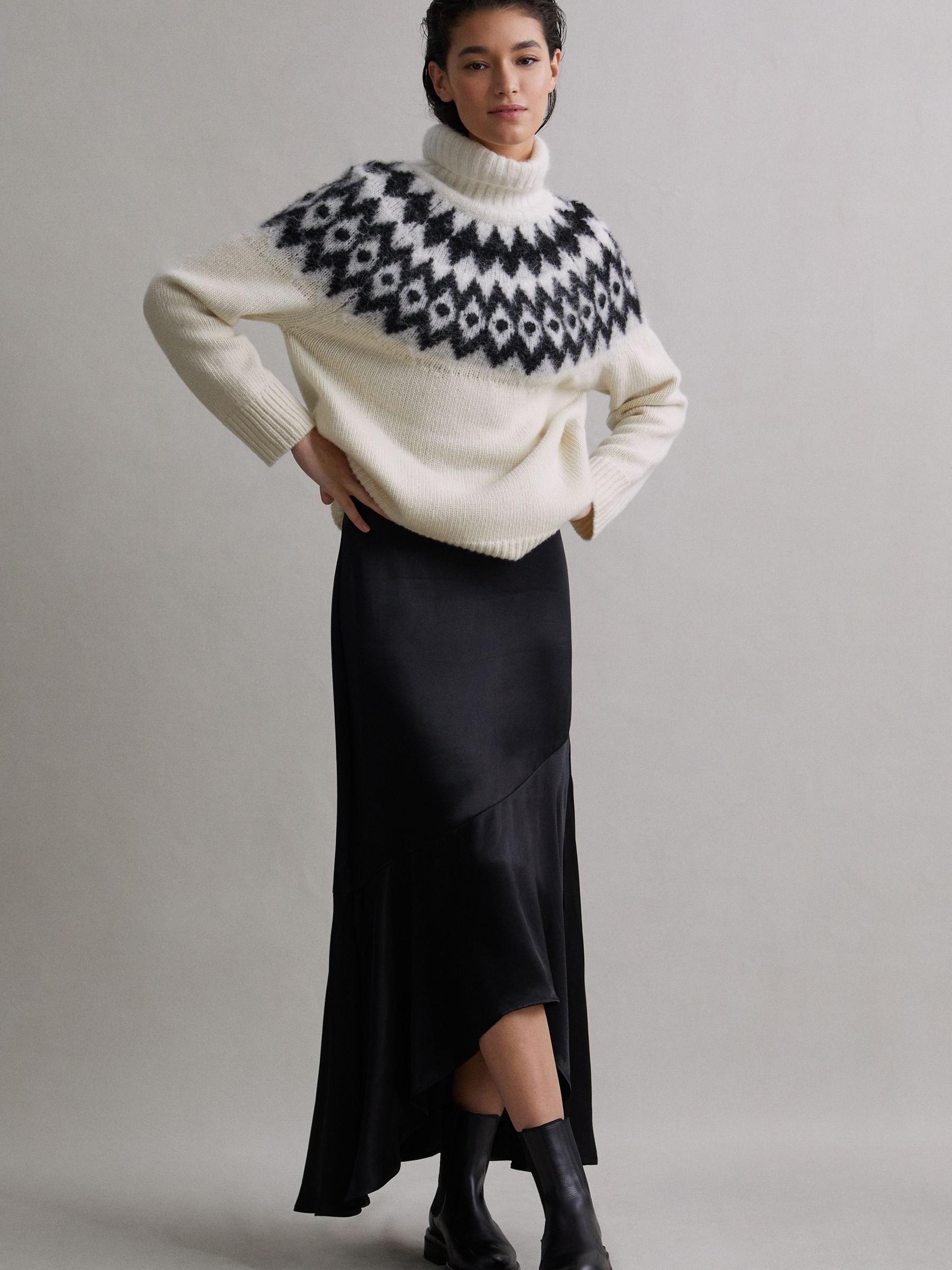 Wool-Cashmere Blend Fairisle Pattern Roll Neck Jumper in Cream/Black Product Image