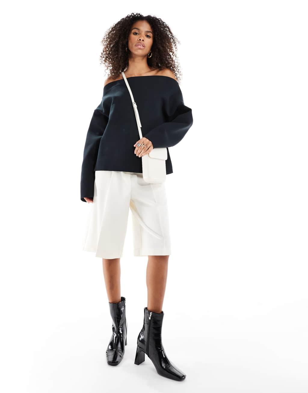 ASOS DESIGN scuba slash neck long sleeve sweatshirt in black Product Image