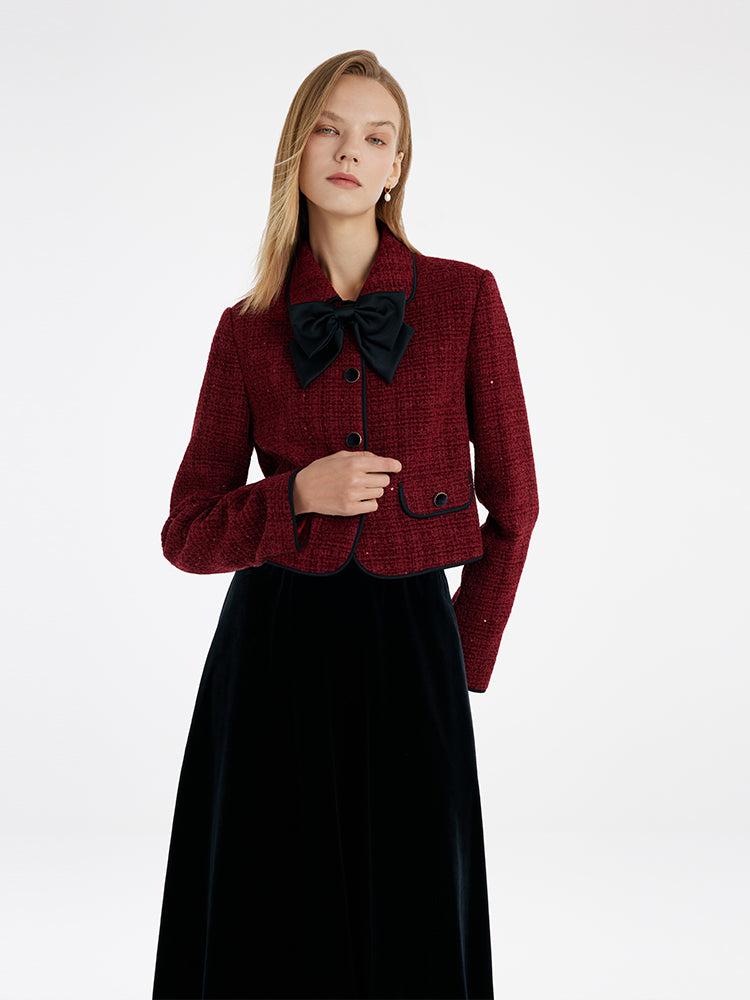 Tweed Jacket And Velvet Skirt Two-Piece Set With Detachable Bowknot Product Image