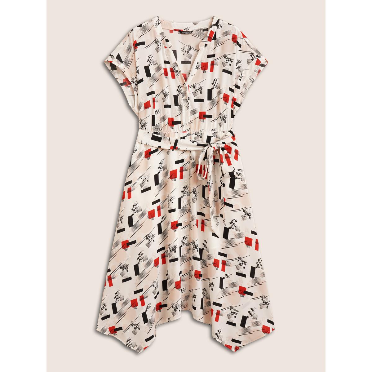 Plus Size Geometric Flat Collar With V Notch Batwing Sleeve Dress Multicolor Women At the Office Belted Flat collar with V-notch Short sleeve Curvy Midi Dress BloomChic 18-20/2X Product Image