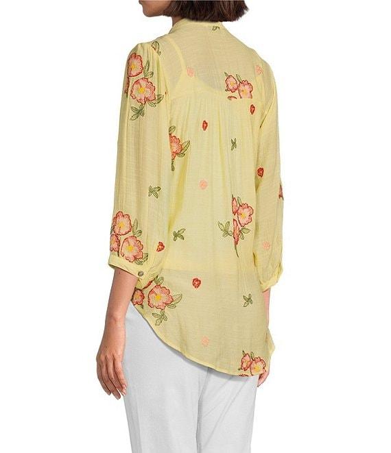 Figueroa & Flower Embroidered Floral Mandarin Collar 3/4 Sleeve Button-Front Blouse Product Image