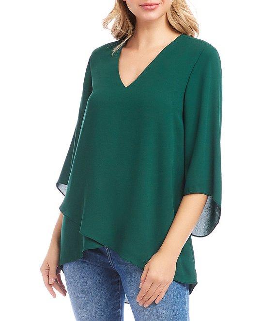 Karen Kane Petite Size V-Neck 3/4 Sleeve Crossover Hem Silky Crepe Top Product Image