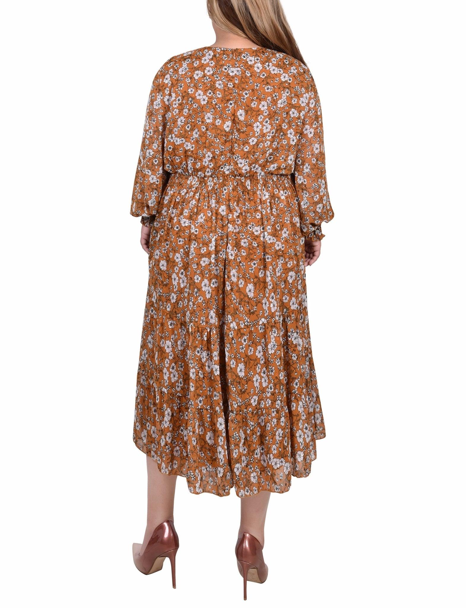 Mustard Floral Long Sleeve Clip Dot Chiffon Dress With Smocked Waist and Cuffs - Plus Product Image