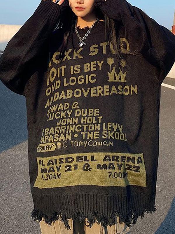 Letter Print Tattered Design Oversized Sweater Product Image