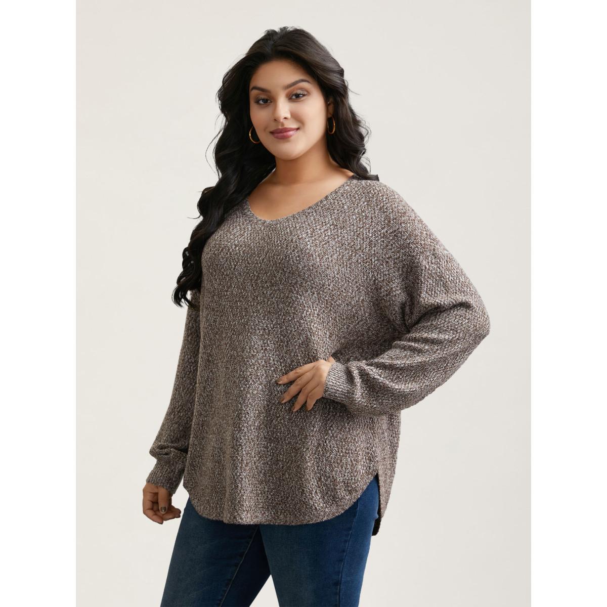 Plus Size Textured V-Neck Curved Hem Pullover DarkBrown Women Casual Loose Long Sleeve V-neck Everyday Pullovers BloomChic 14-16/1X Product Image