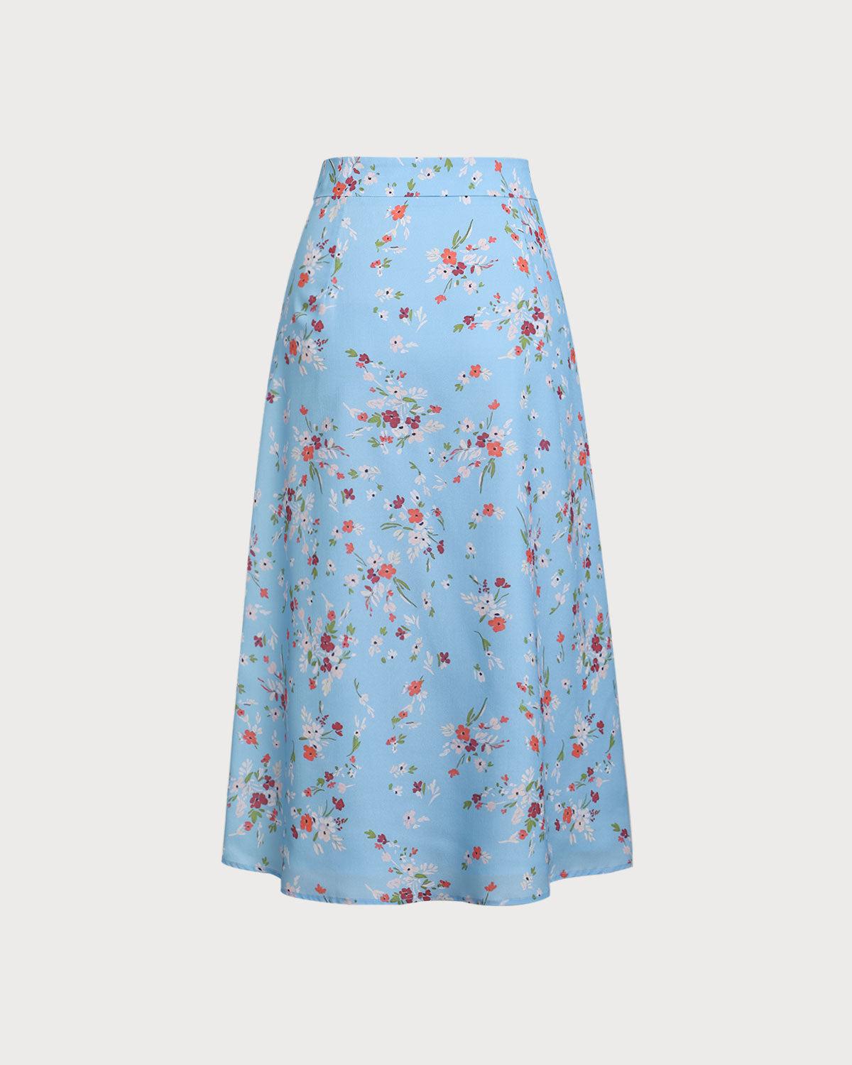 Blue Floral Slit A-Line Midi Skirt Product Image