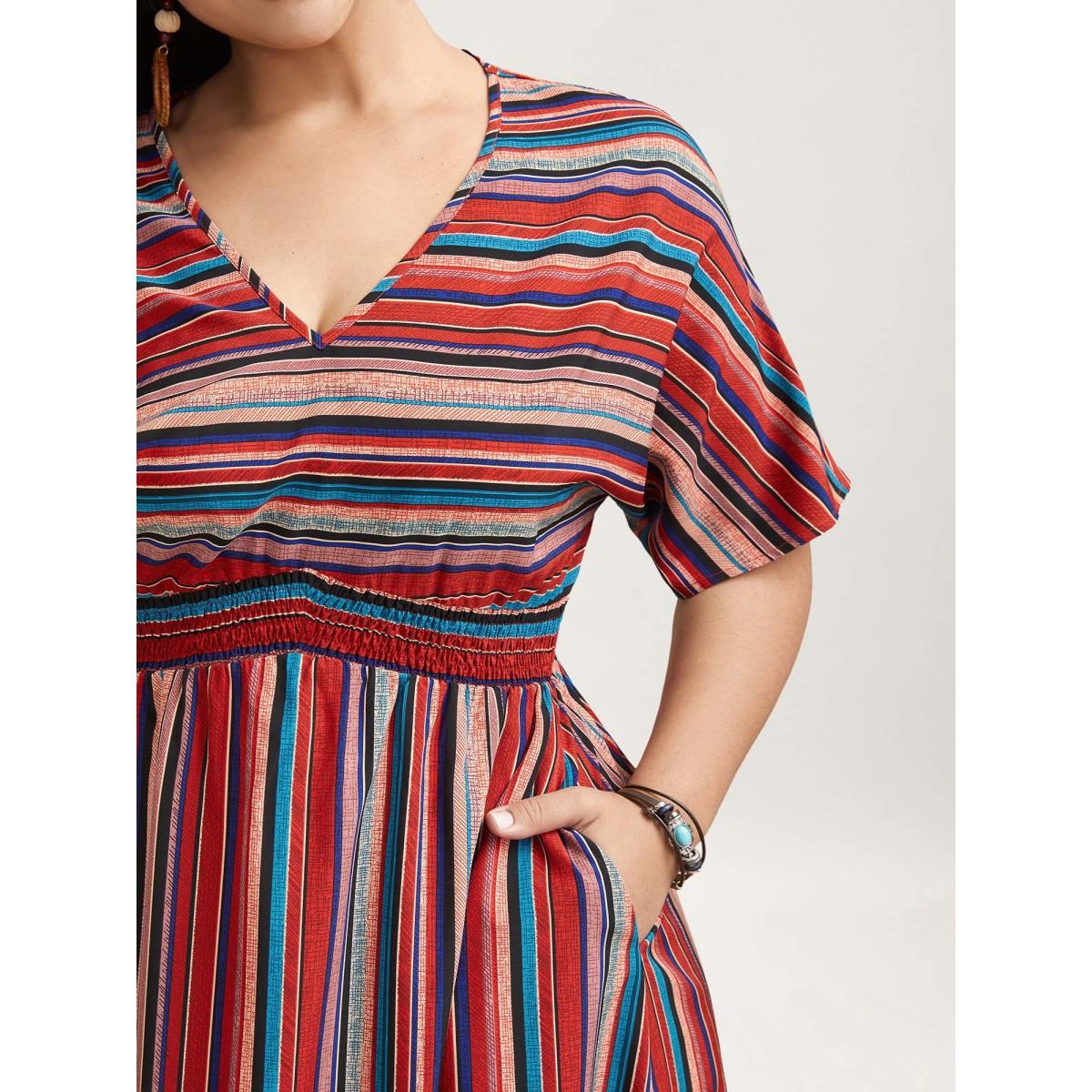 Plus Size Striped Shirred V-Neck Half Sleeve Midi Dress Scarlet Women Resort Shirred V-neck Short sleeve Curvy BloomChic 26/4X Product Image