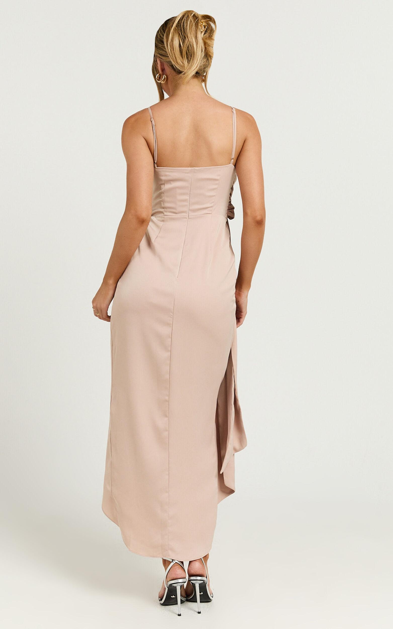 How Will I Know Midi Dress - Wrap Waist Tie Tulip Hem Dress in Champagne Product Image