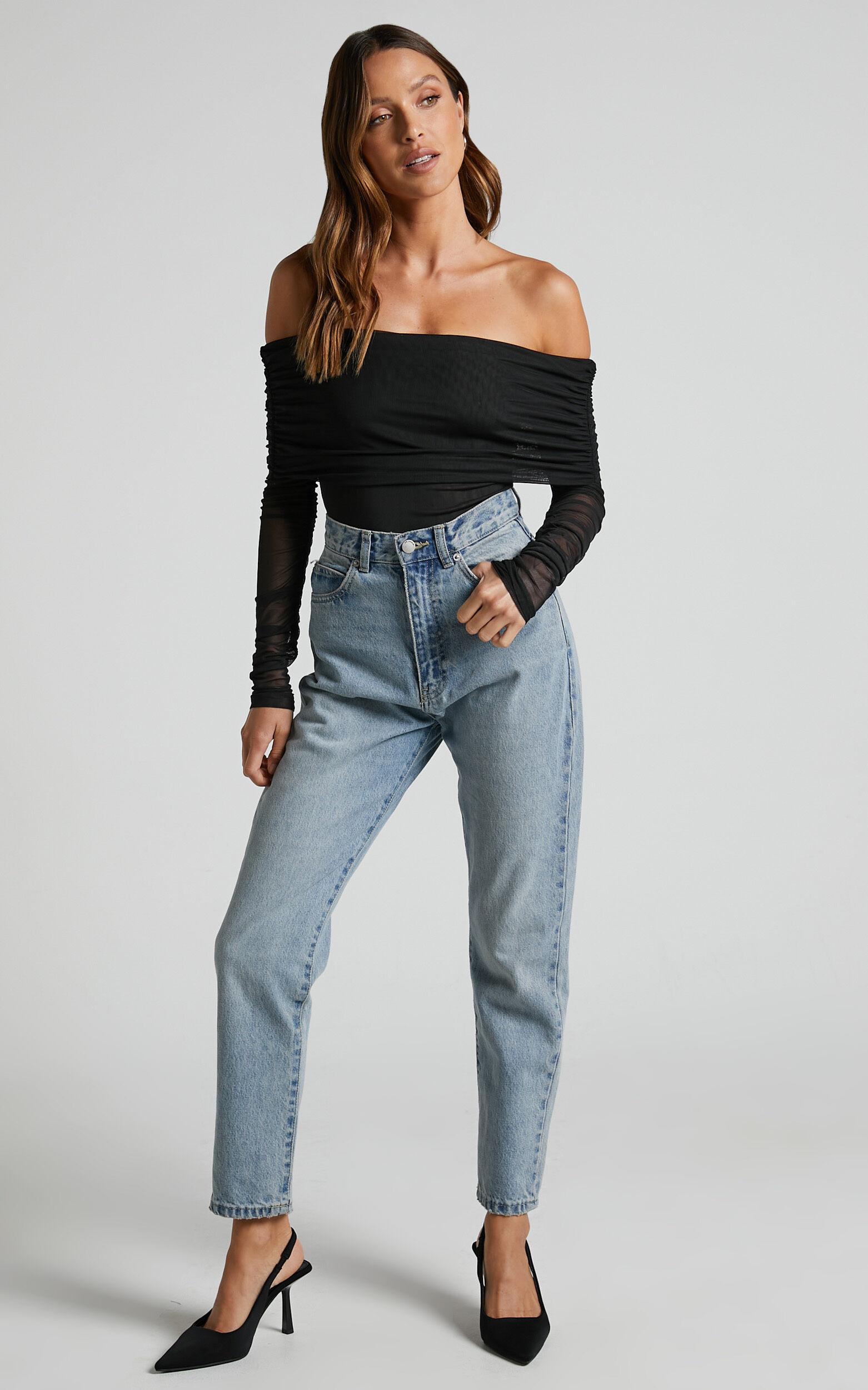 Jaythen Bodysuit - Long Sleeve Off Shoulder Ruched Mesh Bodysuit in Black Product Image