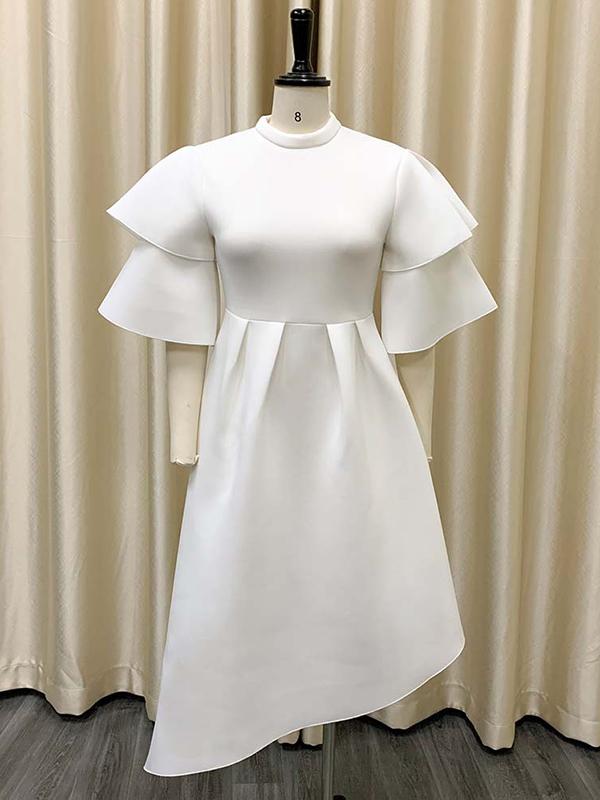 Original Loose Half Sleeves Falbala Solid Color Round-Neck Midi Dresses Product Image