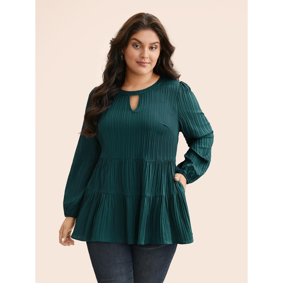 Plus Size Cyan Textured Keyhole Pocket Lantern Sleeve Blouse Women Elegant Long Sleeve Flat collar Everyday Blouses BloomChic 14-16/1X Product Image