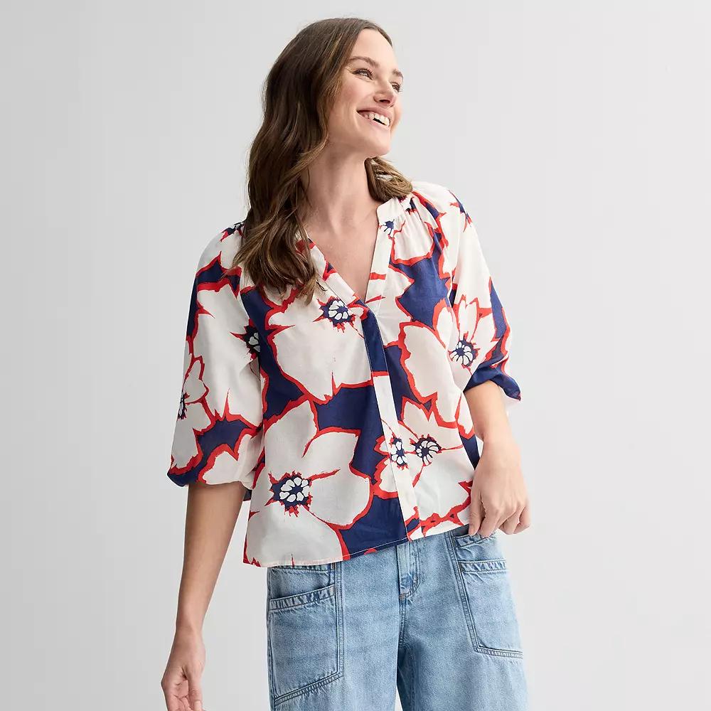 Women's Sonoma Goods For Life® Shirred Balloon Sleeve Y-Neck Top,  Product Image