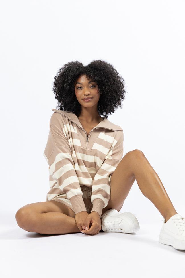 Pulling Heartstrings Taupe And Cream Striped Quarter Zip Pullover FINAL SALE Product Image