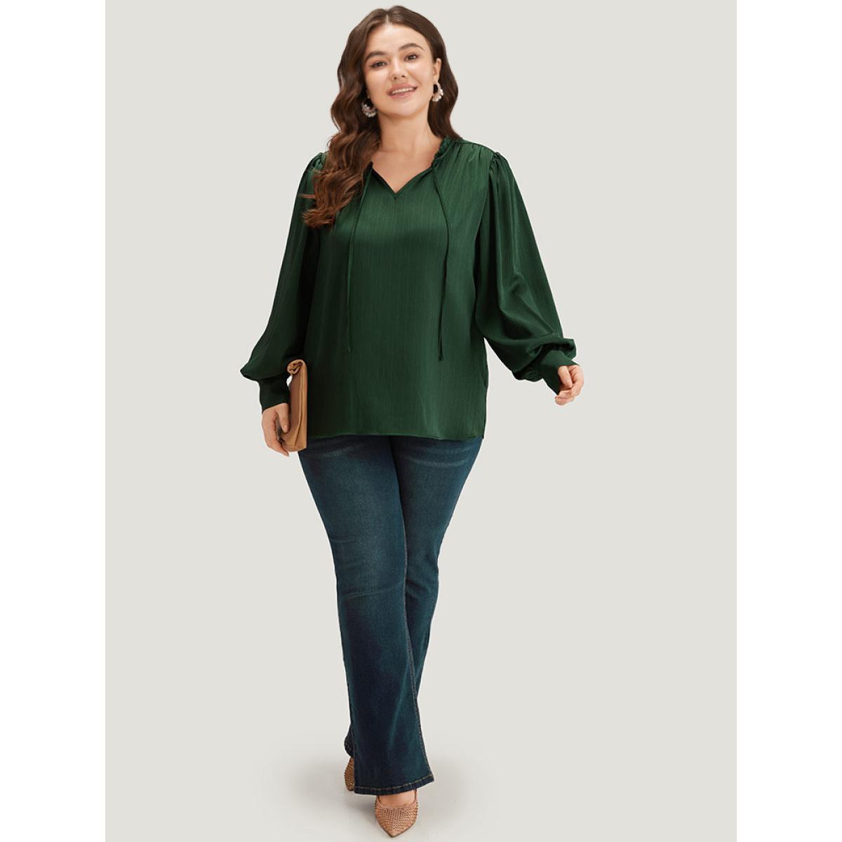 Plus Size DarkGreen Anti-Wrinkle Solid Knot Neck Gathered Lantern Sleeve Blouse Women Office Long Sleeve Tie Neck Work Blouses BloomChic 26/4X Product Image