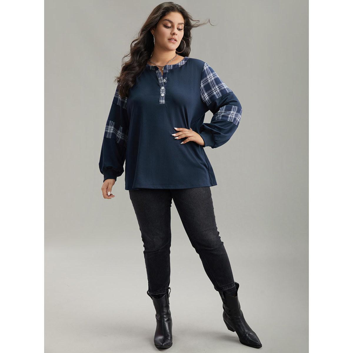 Plus Size Plaid Patchwork Button Up Rib Knit Sweatshirt Women Indigo Casual Elastic cuffs Open Front Dailywear Sweatshirts BloomChic 10/M Product Image