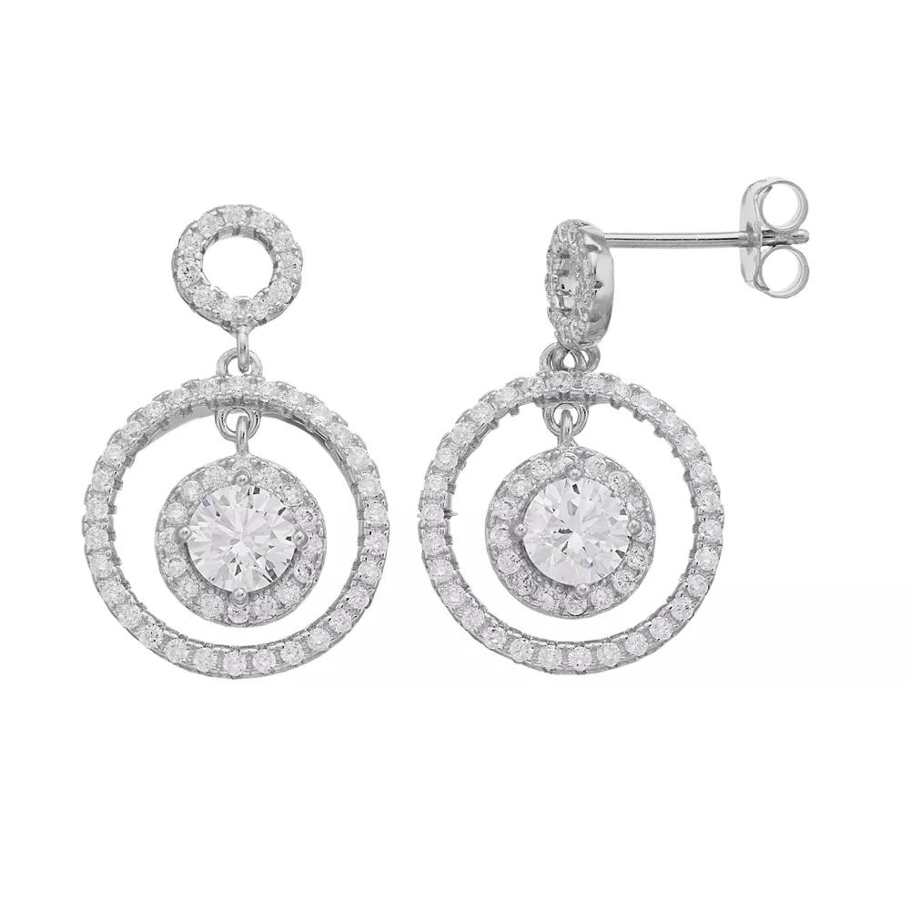 Sterling Silver Three Halo Round Cubic Zirconia Drop Earrings, Women's Product Image
