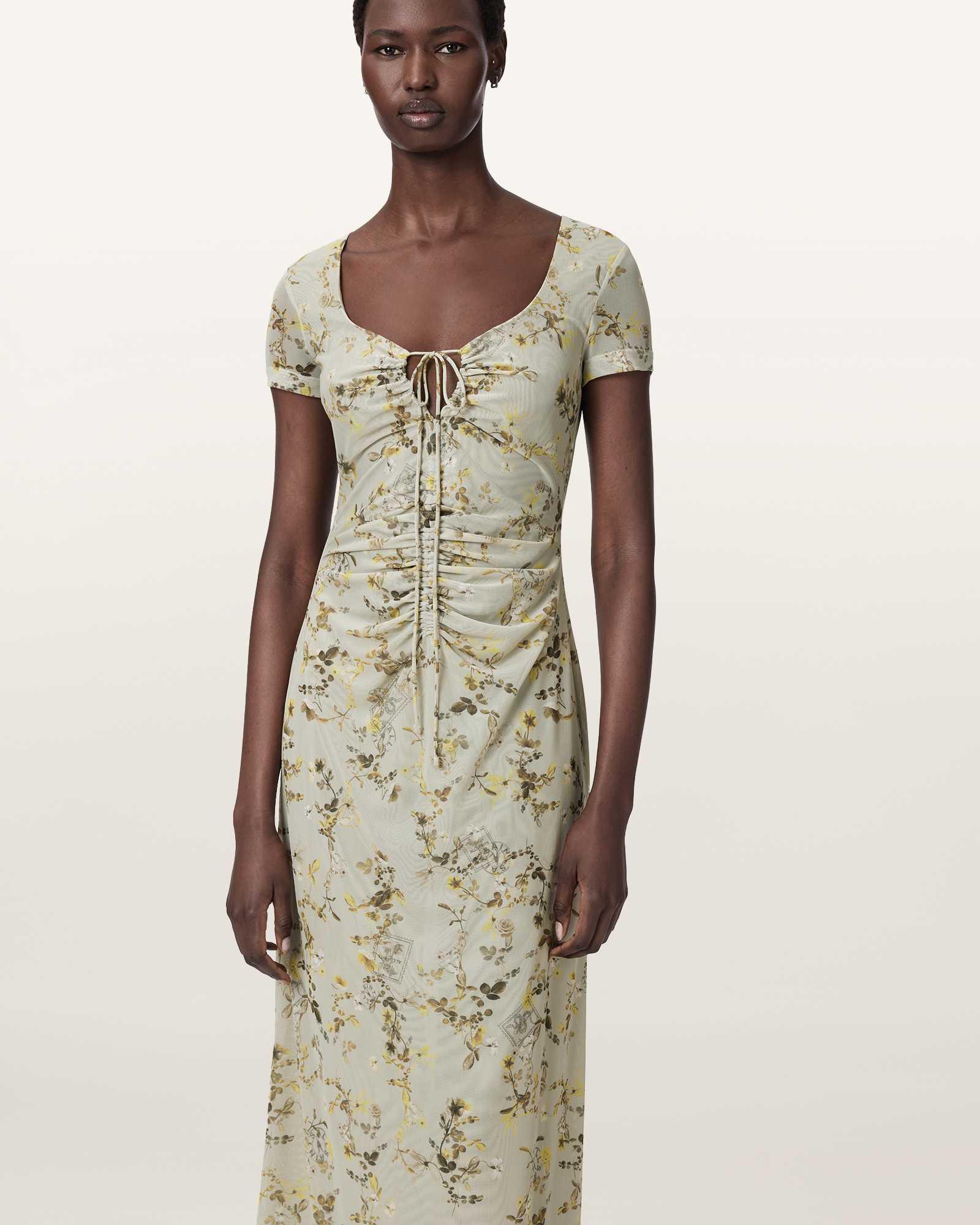 Gabby Floral Print Mesh Maxi Dress CARMEL STEM GREEN | ALLSAINTS US Product Image