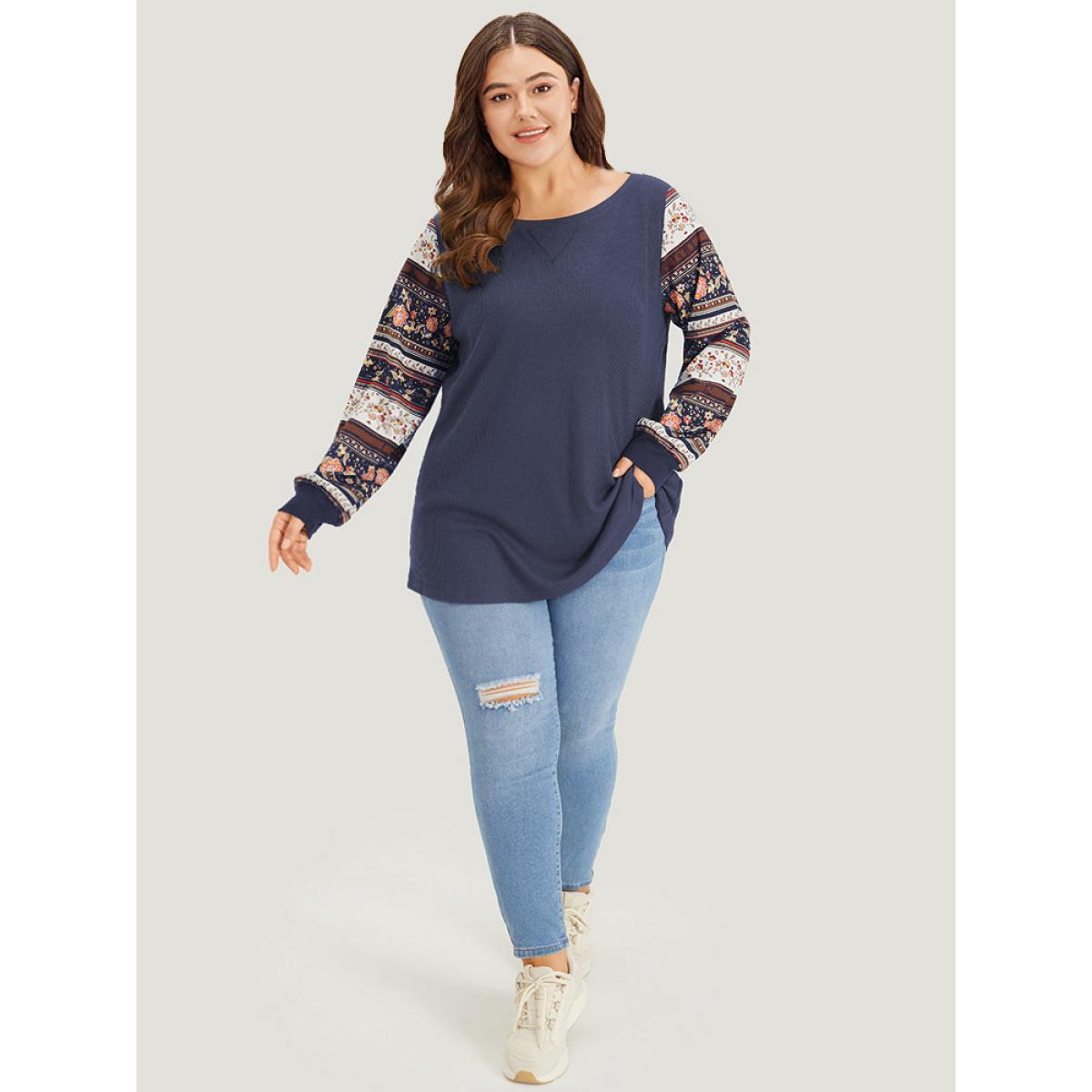 Plus Size Boho Print Patchwork Crew Neck Sweatshirt Women DarkBlue Casual Elastic cuffs Round Neck Everyday Sweatshirts BloomChic 18-20/2X Product Image