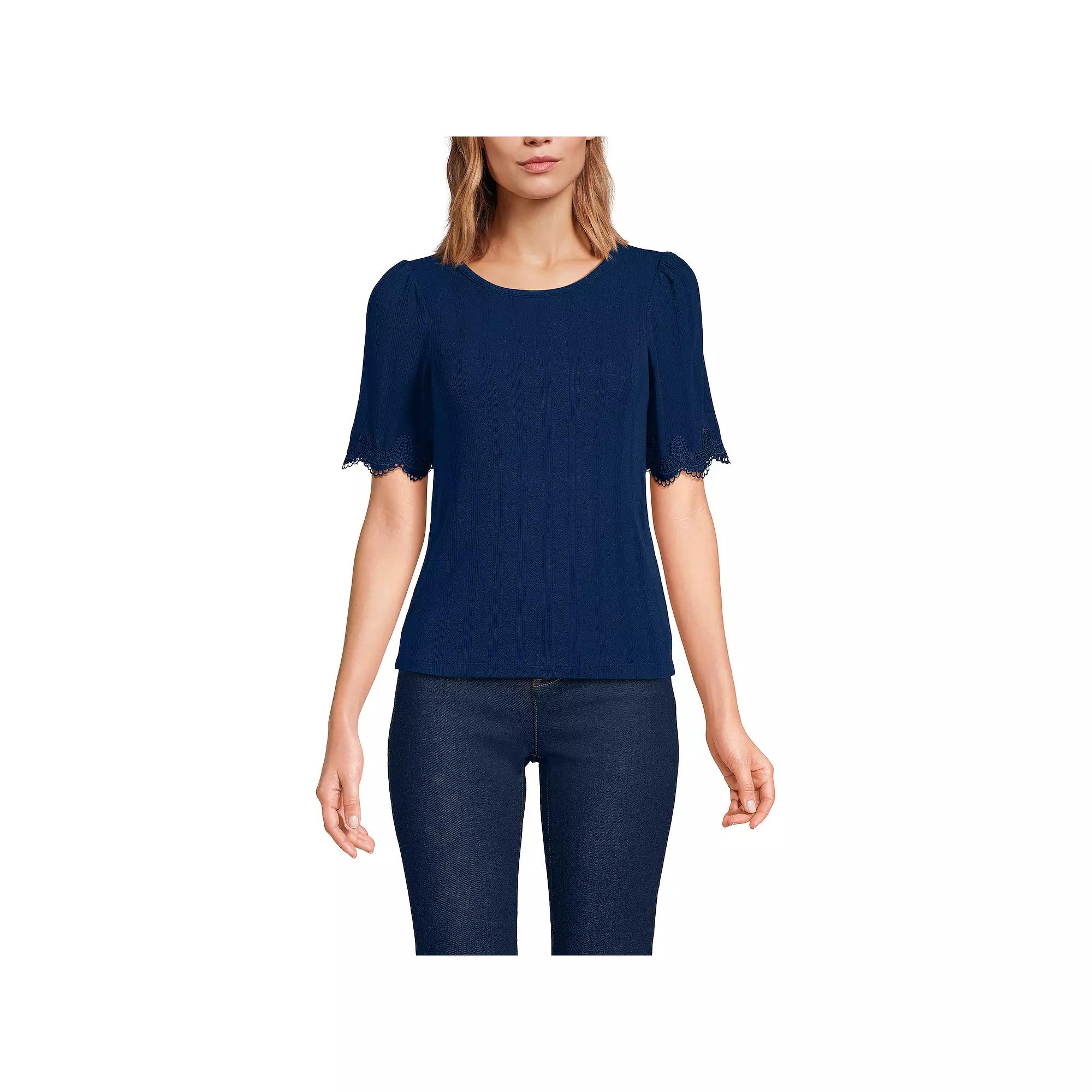 Women's Lands' End Elbow Sleeve Pointelle Lace Shirt, Size: Small, Deep  Blue Product Image