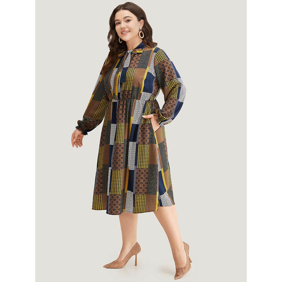 Plus Size Colorblock Patchwork Lantern Sleeve Knot Dress Multicolor Women Office Cross straps Tie Neck Long Sleeve Curvy Midi Dress BloomChic 12/L Product Image