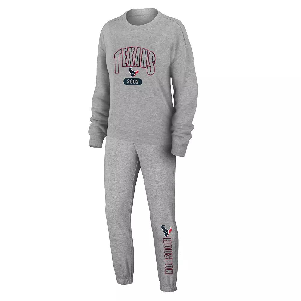 Women's WEAR by Erin Andrews Heather Gray Houston Texans Knit Long Sleeve Tri-Blend T-Shirt & Pants Sleep Set,  Product Image