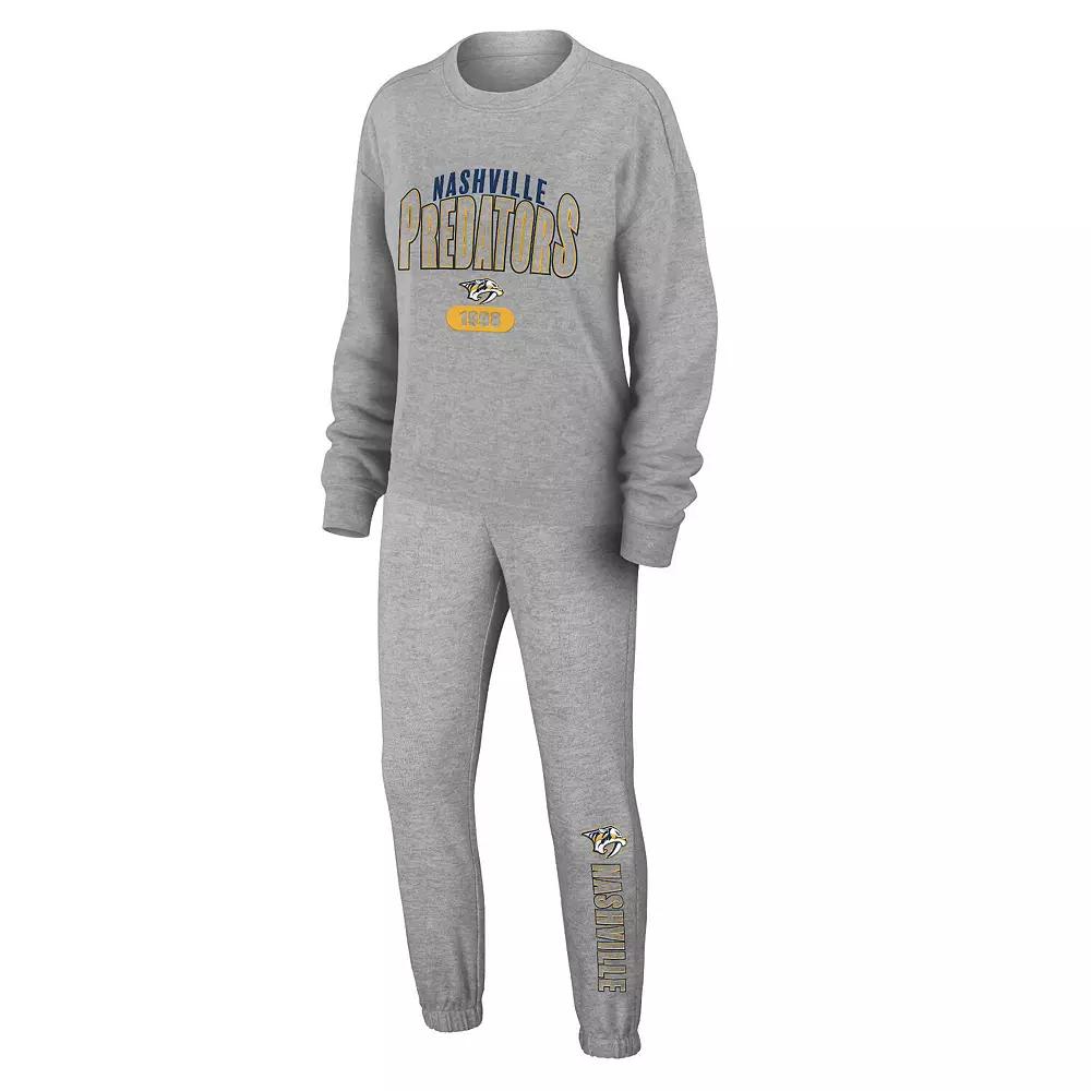 Women's WEAR by Erin Andrews Heather Gray Nashville Predators Knit Long Sleeve Tri-Blend T-Shirt & Pants Sleep Set,  Product Image