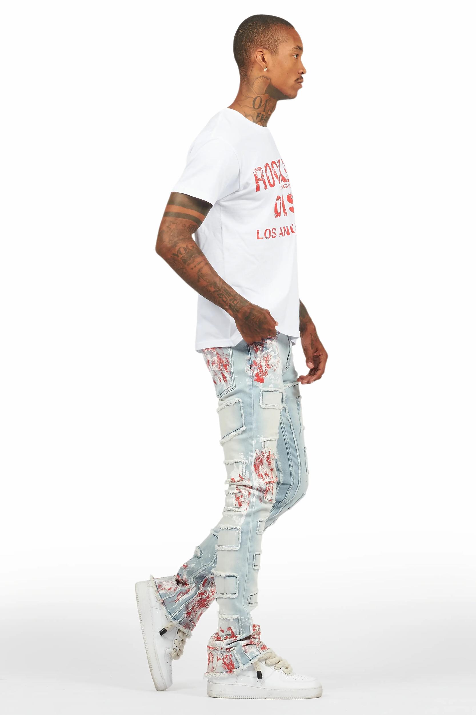 Saxon White/Red T-Shirt/Stacked Flare Jean Set Male Product Image