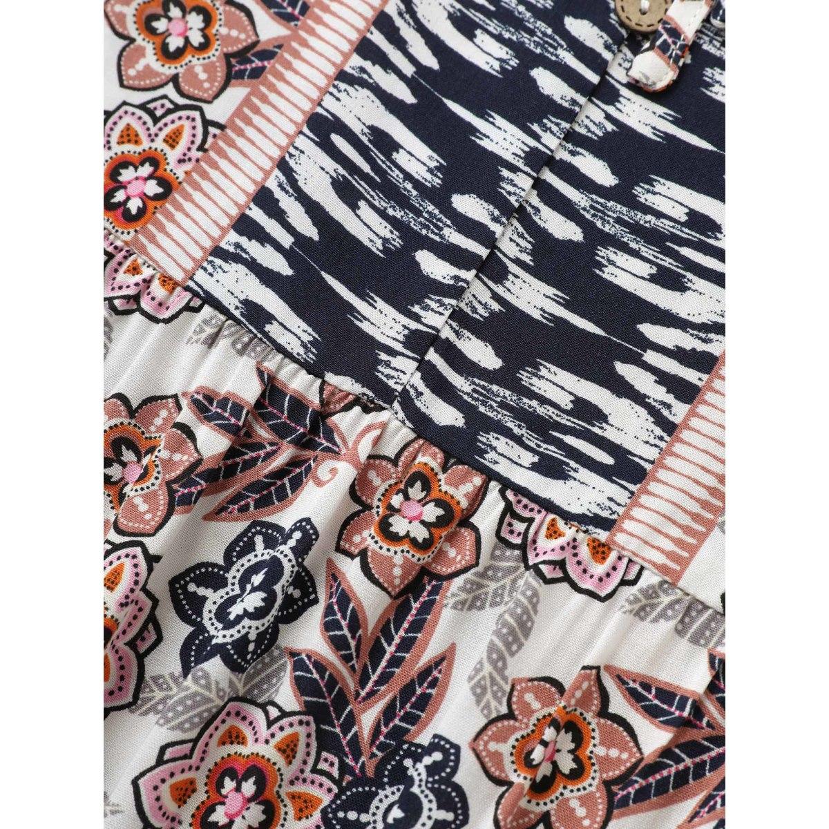 Plus Size Indigo Boho Print Button Detail Ties Blouse Women Resort Short sleeve V-neck Vacation Blouses BloomChic 18-20/2X Product Image