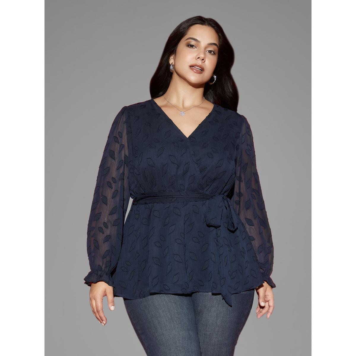 Plus Size Indigo Burn-out Fabric Surplice Neckline Shirt Women Cocktail Long Sleeve Overlap Collar Party Blouses BloomChic 18-20/2X Product Image