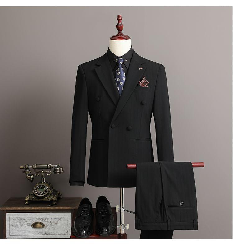 Set: Striped Double Breasted Blazer + Dress Pants + Vest Product Image