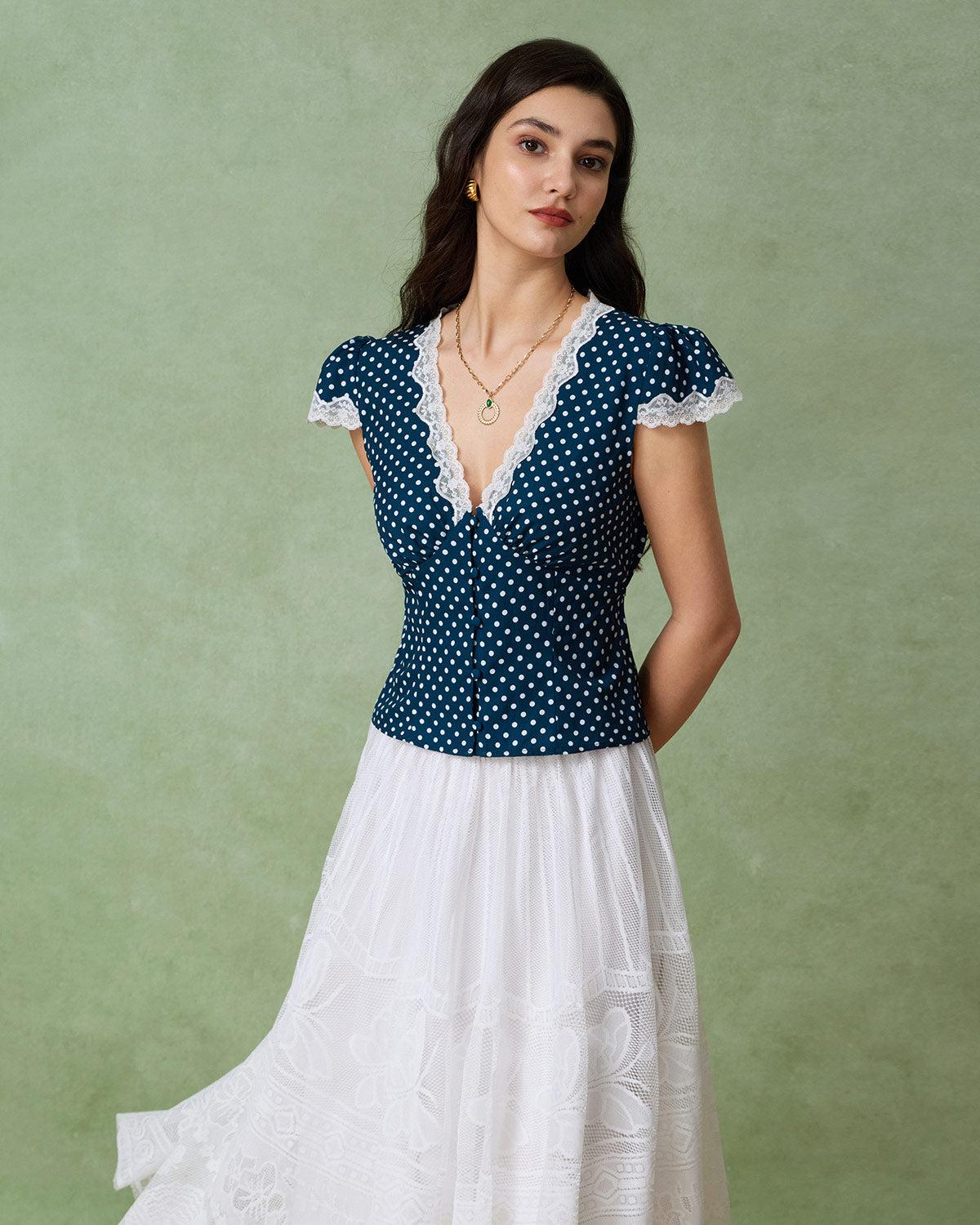 Blue Polka Dot Lace Trim Blouse Product Image