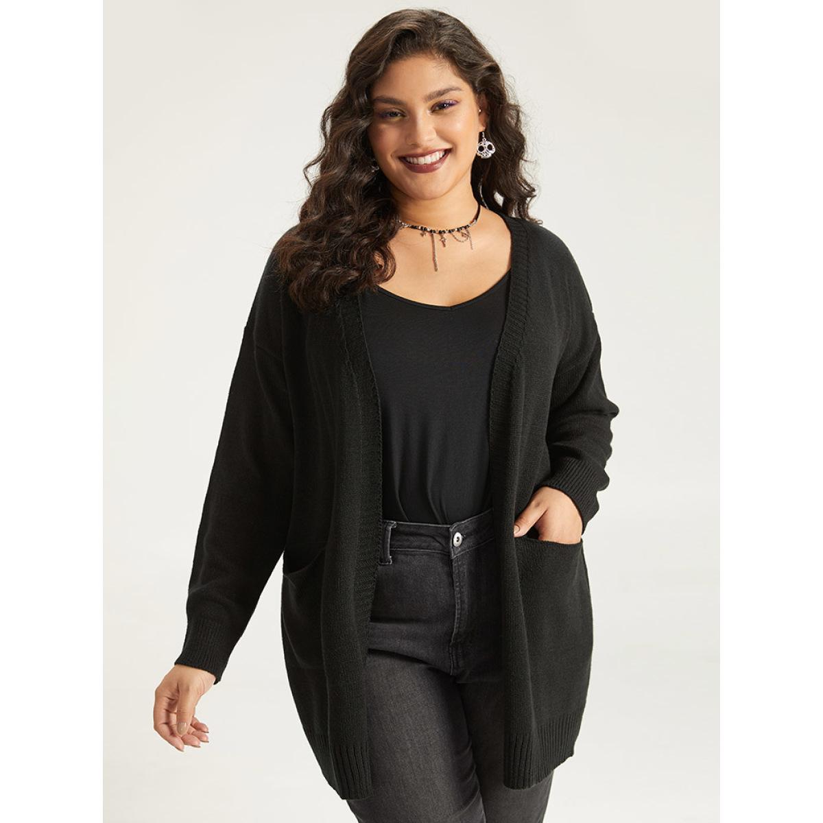 Plus Size Halloween Skull Print Contrast Patched Pocket Cardigan Black Women Casual Loose Long Sleeve Festival-Halloween Cardigans BloomChic 26/4X Product Image