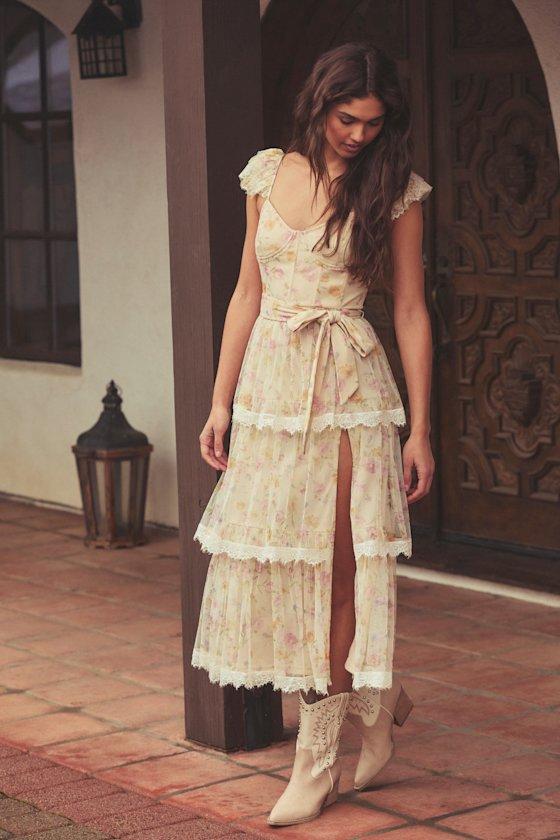 Dolora Blush Floral Bustier Tiered Midi Dress Product Image