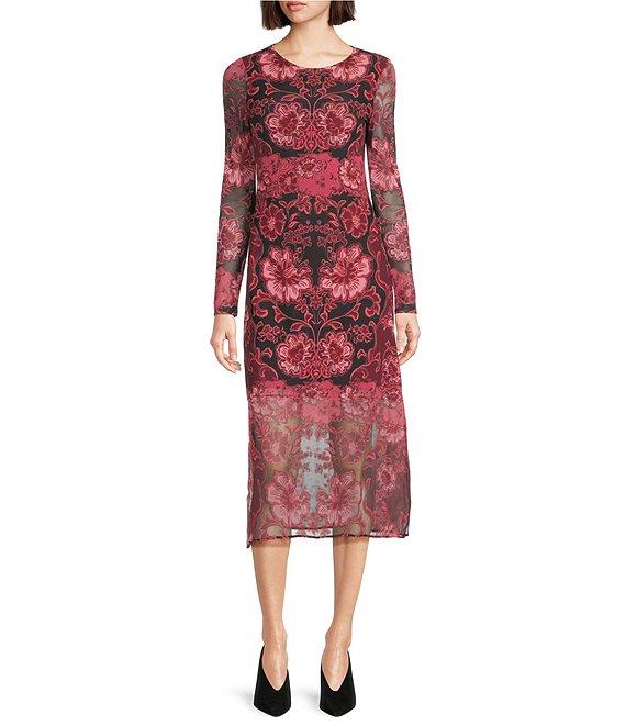 JOHNNY WAS Tulus Floral Print Mesh Knit Round Neck Long Sleeve Midi Dress Product Image
