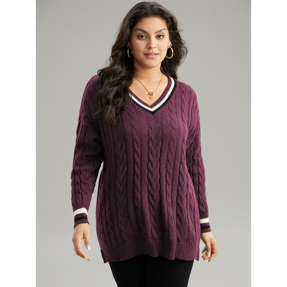Plus Size Cable Knit Contrast Trim Drop Shoulder Pullover Burgundy Women Casual Loose Long Sleeve V-neck Dailywear Pullovers BloomChic 14-16/1X Product Image