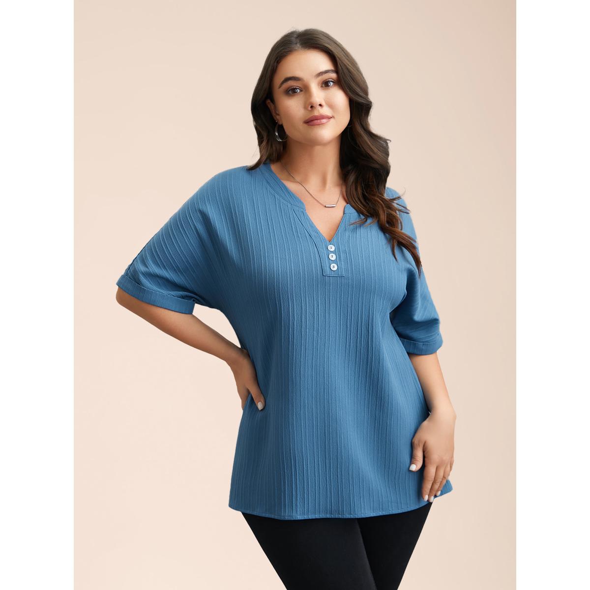 Plus Size Cerulean Notched Collar Textured Button Blouse Women Elegant Short sleeve V-neck Everyday Blouses BloomChic 12/L Product Image