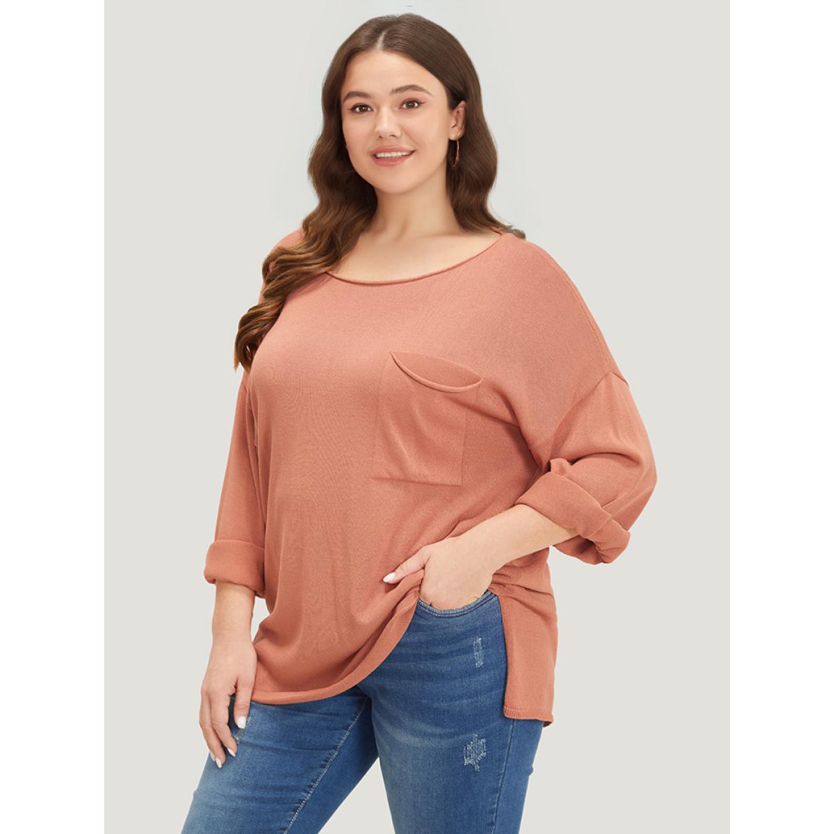 Plus Size Solid Patched Pocket Split Side Pullover OrangeRed Women Casual Loose Long Sleeve Round Neck Everyday Pullovers BloomChic 28/5X Product Image