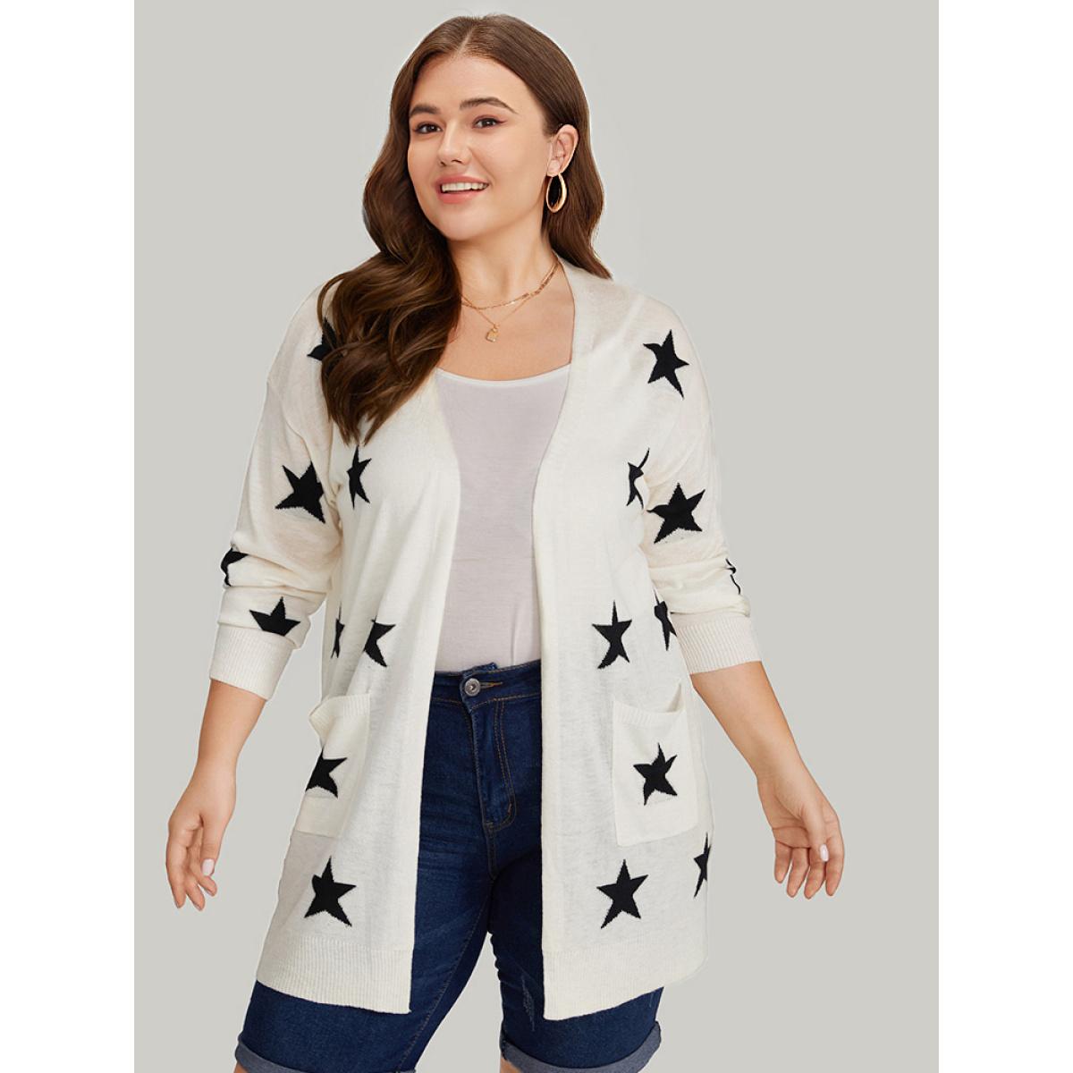 Plus Size Supersoft Essentials Star Print Pocket Open Front Cardigan Beige Women Casual Loose Long Sleeve Dailywear Cardigans BloomChic 22-24/3X Product Image