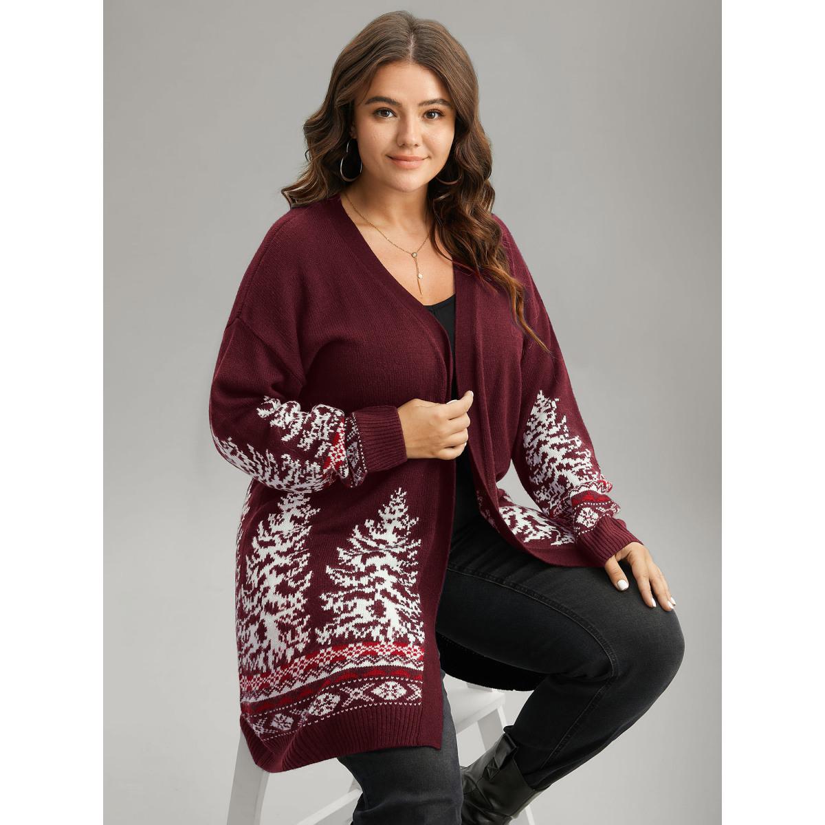 Plus Size Christmas Trees Contrast Cardigan Deepred Women Casual Loose Long Sleeve Festival-Christmas Cardigans BloomChic 14-16/1X Product Image