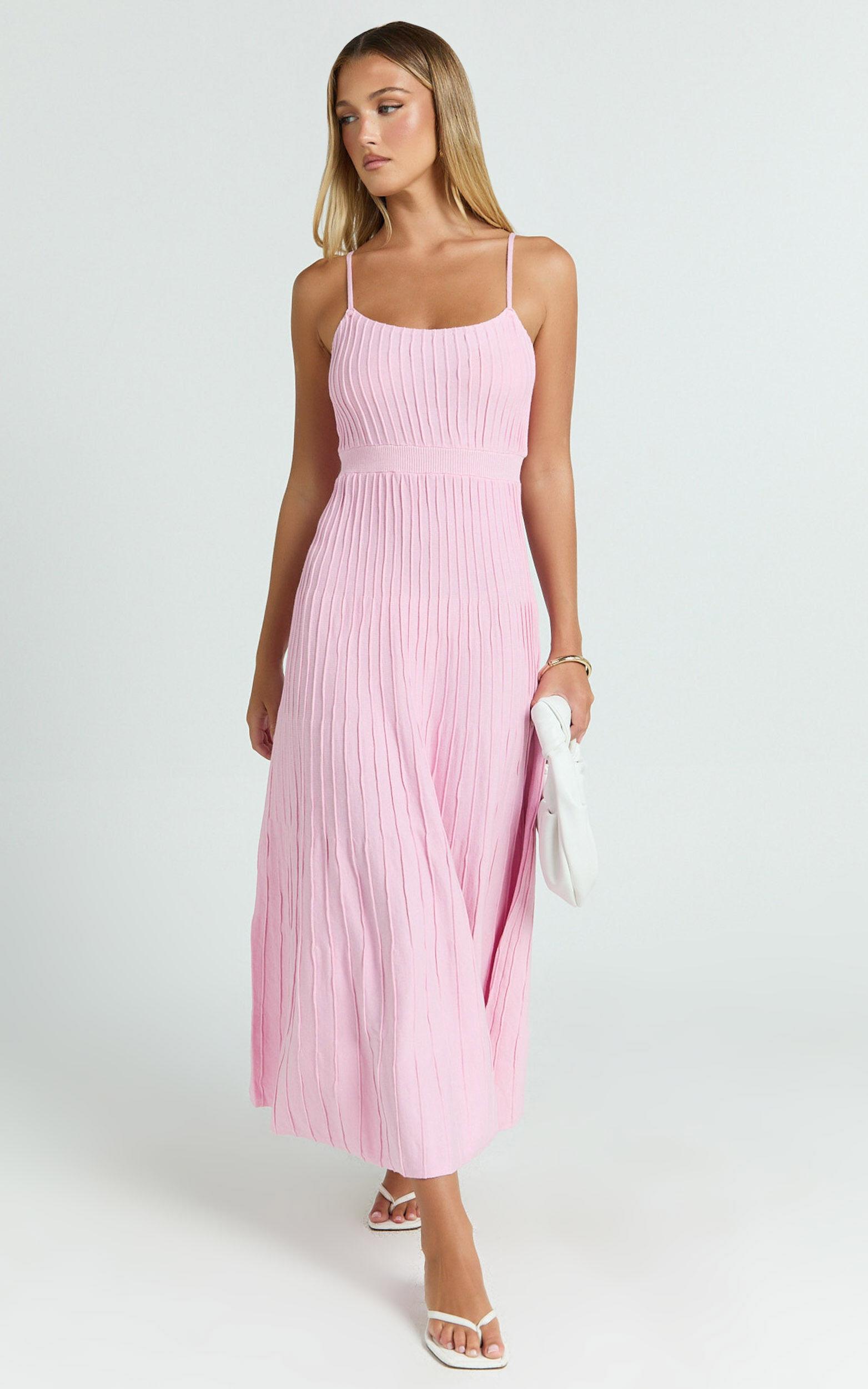 Donissa Midi Dress - Panelled Knit Dress in Pale Pink Product Image