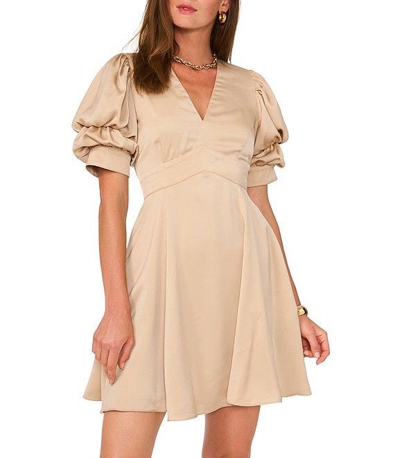 1. STATE Tiered Bubble Sleeve V Neckline Fit-n-Flare Dress Product Image