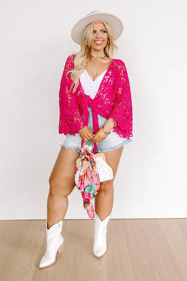 Sail The Day Away Front Tie Crochet Top in Hot Pink Curves Product Image