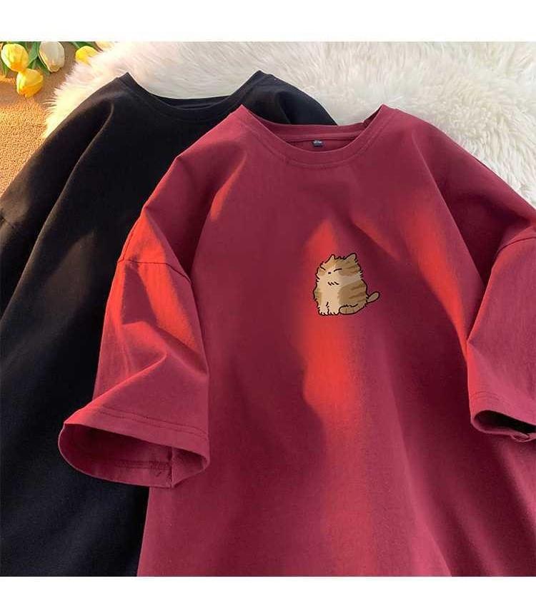 Elbow-Sleeve Round Neck Cartoon Print Tee Product Image